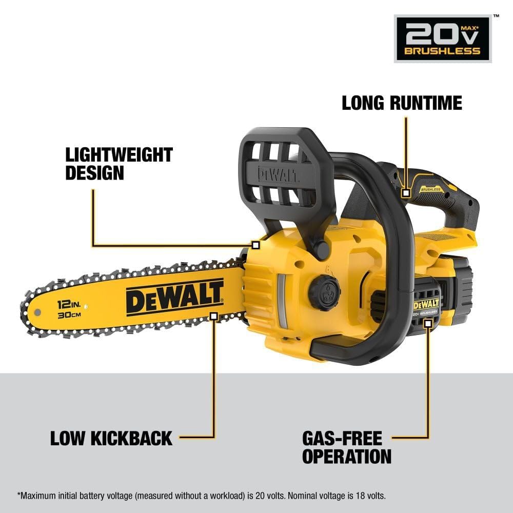 DEWALT 20V MAX 12" Cordless Chainsaw Kit with Battery and Charger Included (DCCS621P1)
